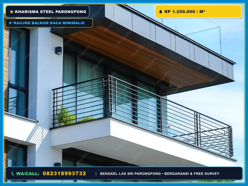 Detail kaca tempered dan dudukan stainless railing balkon minimalis