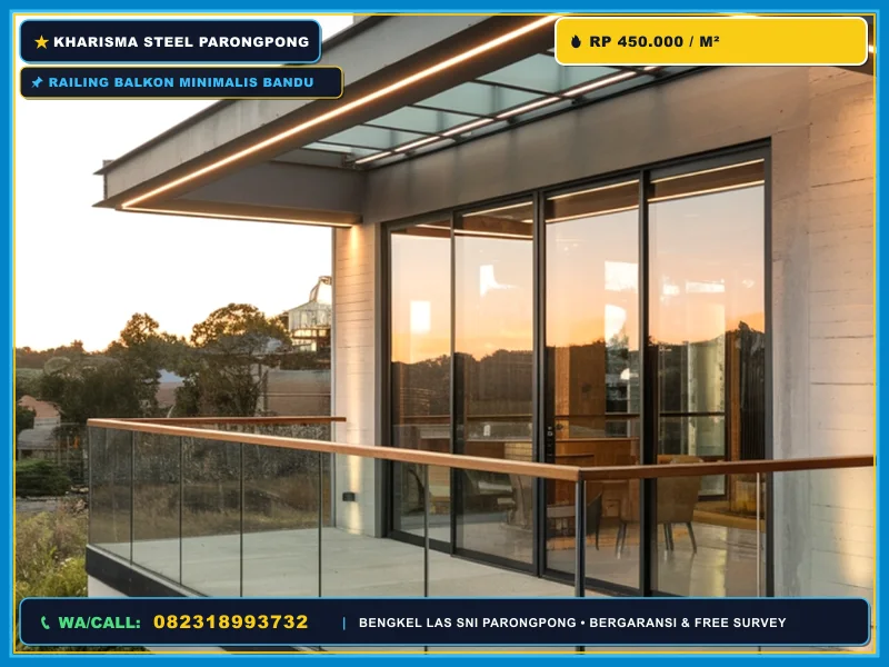 Railing balkon stainless steel minimalis pada eksterior rumah